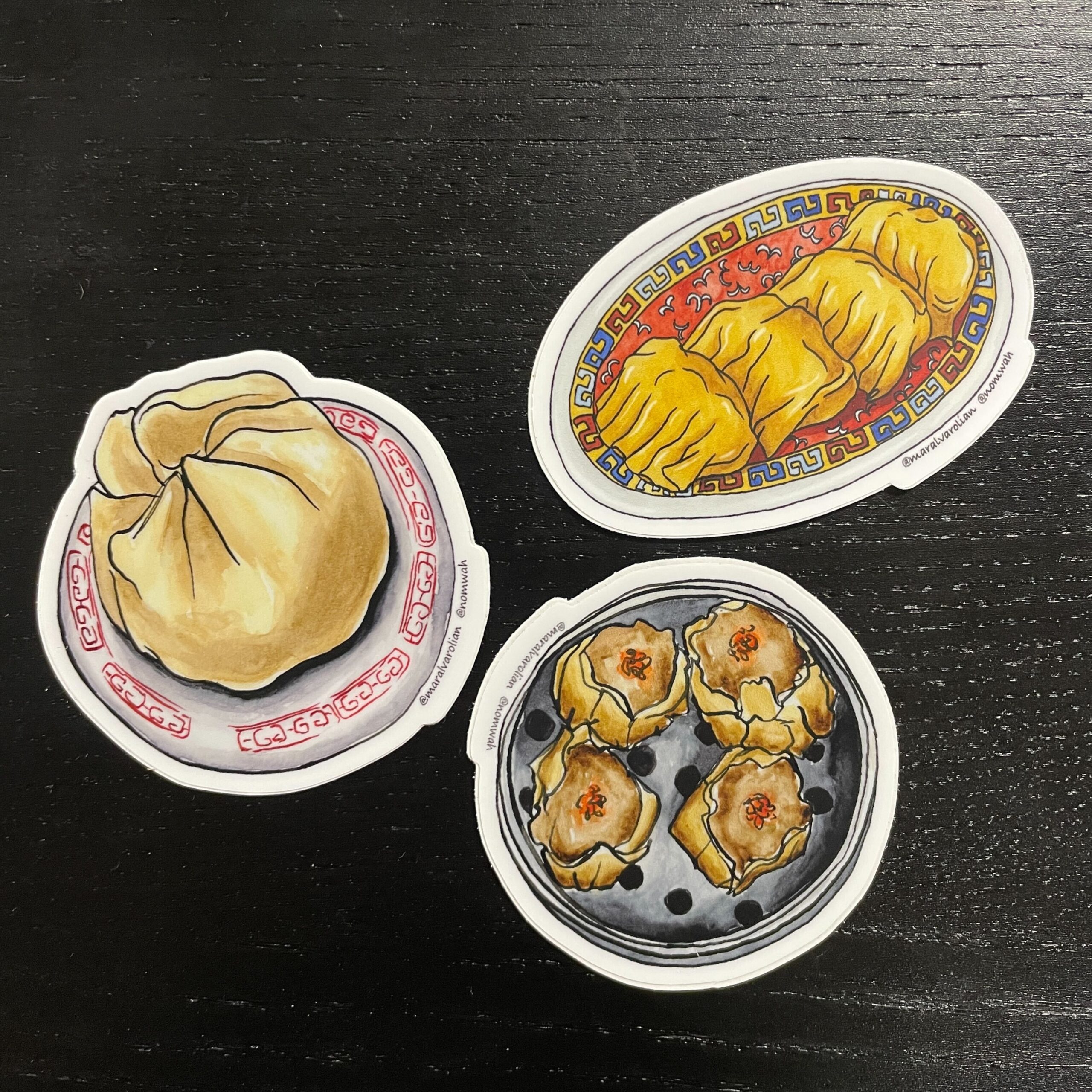 Three stickers: pork bun; siu mai; and dumplings